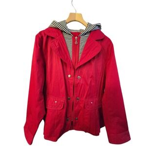 Neyelle Red Utility Jacket Striped‎ Hooded Snap Zip Front Pleated Hem Womens 1X